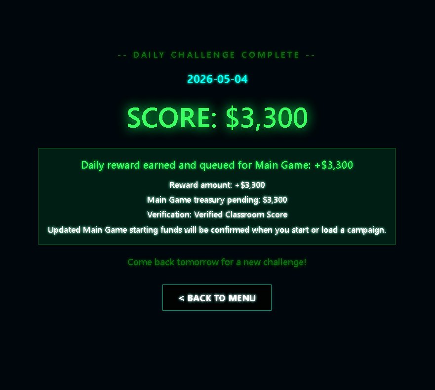 Neon Breach Daily Challenge Complete screen — score summary and daily reward confirmation