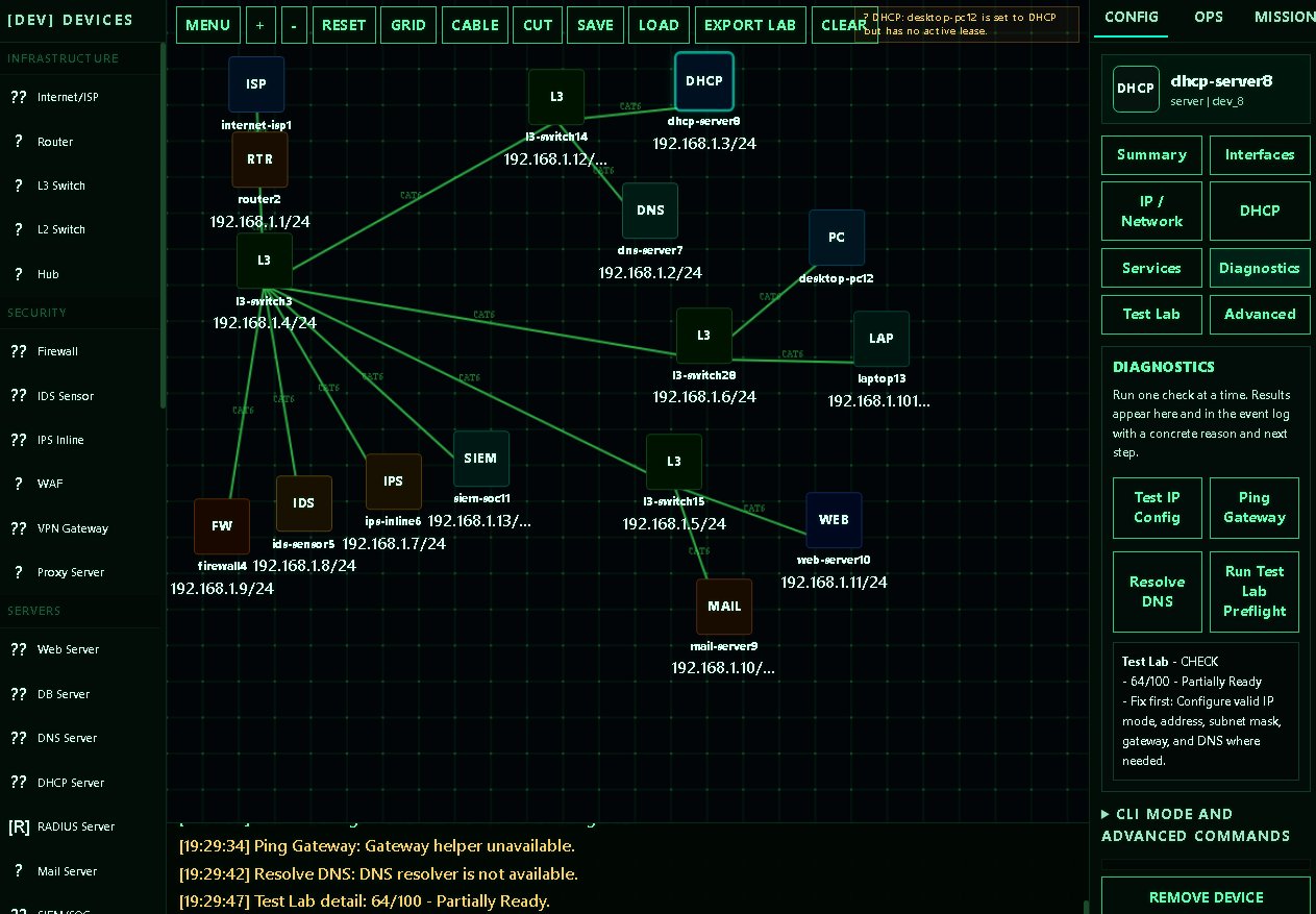 Neon Breach Network Sandbox — device palette, network topology canvas, and device configuration panel