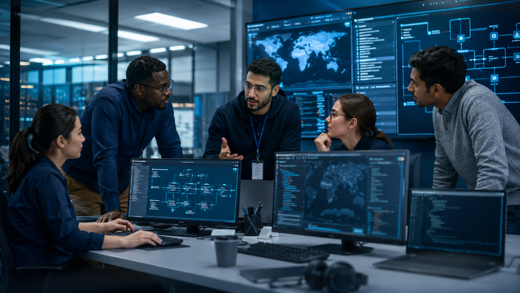 Diverse cybersecurity and IT team collaborating on security planning